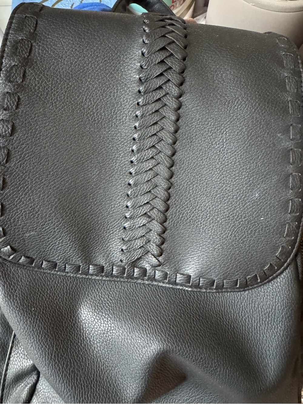 Black Faux Leather Backpack with Braided Accent